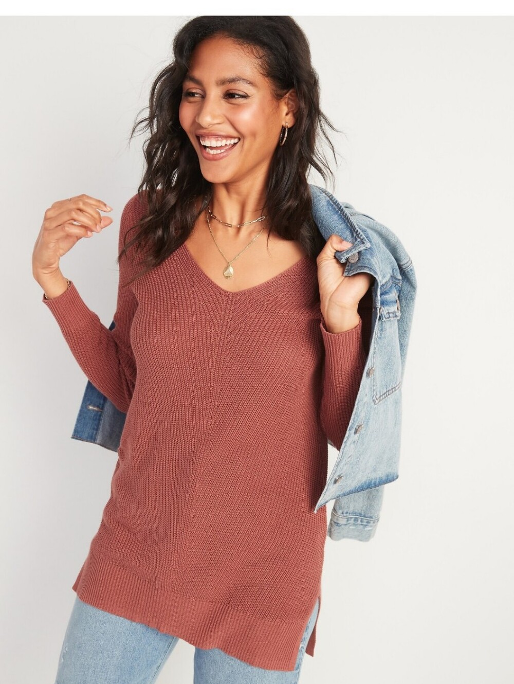 NWT Old Navy Textured V-neck Sweater Tunic Size M Rust Cotton Rayon Medium